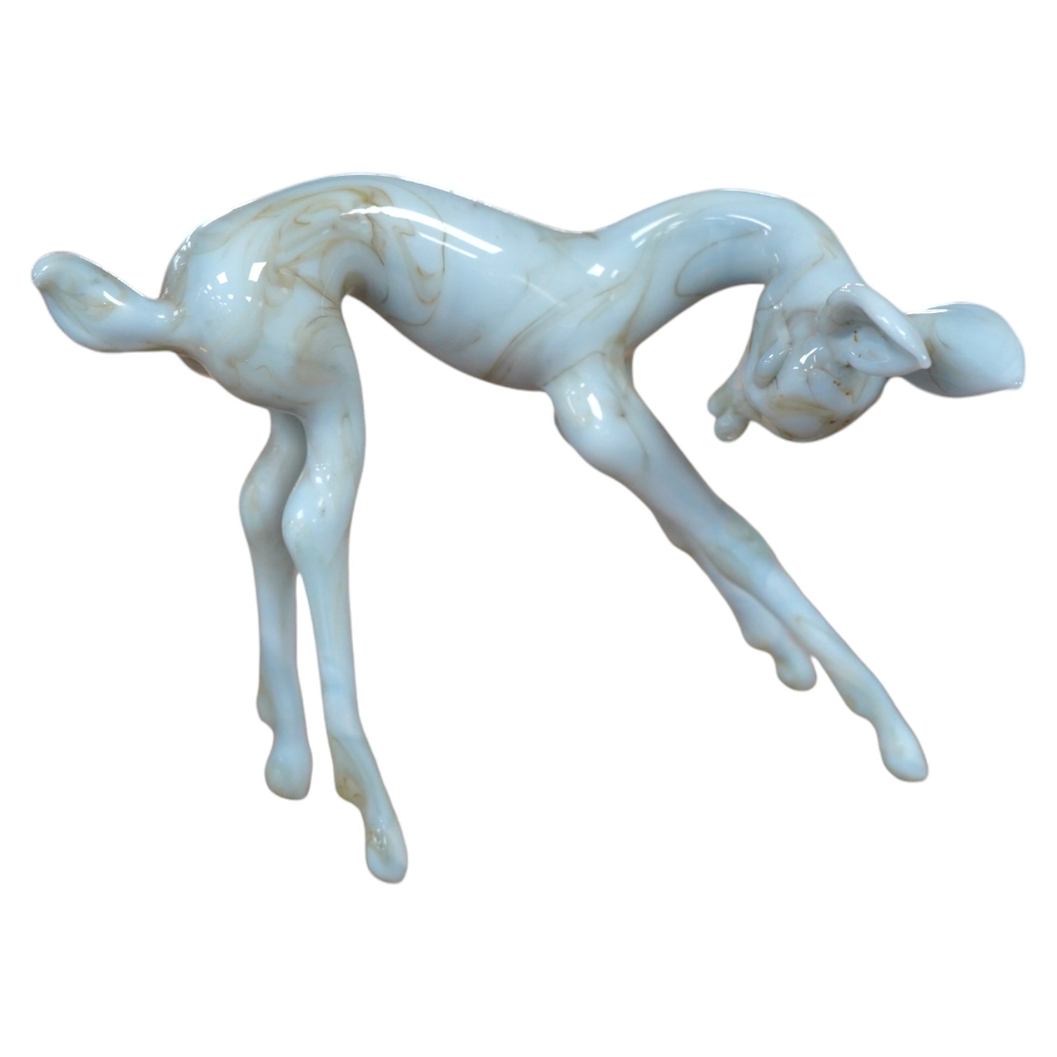 A group of collectables comprising an Istvan Komaromy blue glass foal, 11cm high, three 19th century French faience cows, a South Staffordshire enamel box, a Minton box, eight various seals, a brass thread counter, Condi